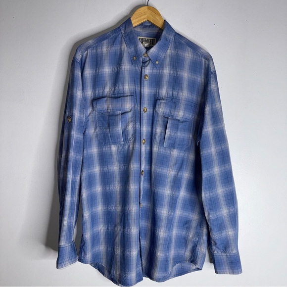 duluth trading Co Medium Blue White Plaid Button Down Collar Nylon Blend CP - Picture 1 of 6